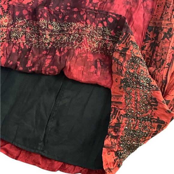 Silk A-Line Bohemian Maxi Skirt Size 12 Vibrant Reds Sequin Bead Trim - Picture 5 of 8